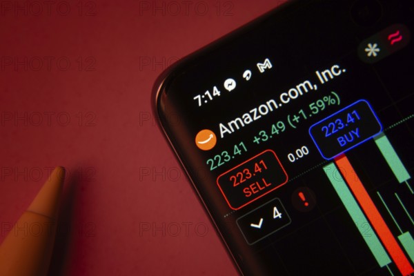 Dhaka, Bangladesh- 08 Sep 2025: Close-up of a phone screen showing Amazon.com, Inc stock market