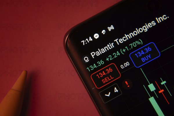 Dhaka, Bangladesh- 08 Sep 2025: Close-up of a phone screen showing Palantir Technologies Inc stock