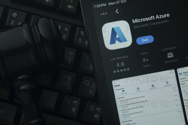 Dhaka, Bangladesh- 28 Oct 2025: An iPad displaying the Microsoft Azure app against a judge's gavel