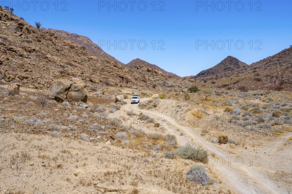 Toyota Hilux off-road vehicle on a sandy track, desert landscape with Brandberg, Erongo,