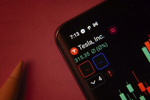 Dhaka, Bangladesh- 08 Sep 2025: Close-up of a phone screen showing Tesla Inc stock market data with
