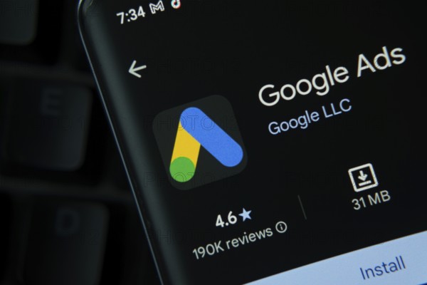 Dhaka, Bangladesh- 27 July 2025: Google Ads app from Google Playstore is displayed on a smartphone
