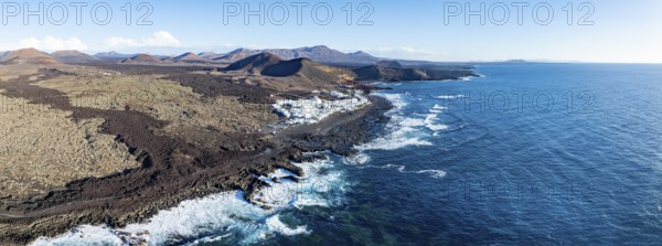 Coastal village fishing village El Golfo, volcanic landscape, coastal landscape, aerial view,