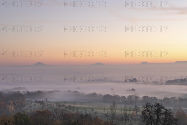 Three Kaiserberge mountains in golden morning light, Hohenstaufen, Aichelberg. Spectacular dawn