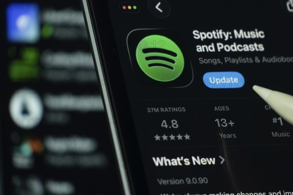 Dhaka, Bangladesh- 24 Oct 2025: A iPad screen displaying the Spotify app on App store