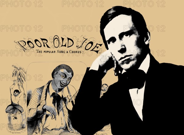 Portrait of Stephen Collins Foster with the cover of his minstrel song Poor old Joe, digitally