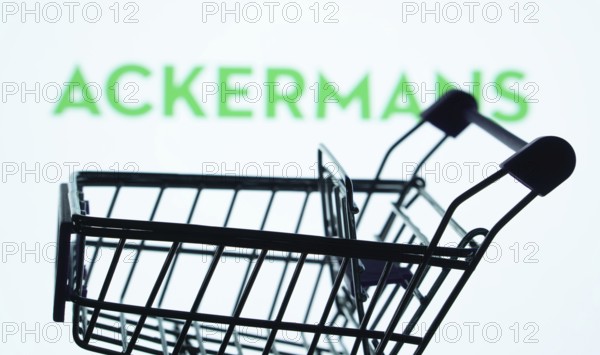 Dhaka, Bangladesh- 03 July 2025: Silhouette of a shopping cart in front of the Ackermans logo,