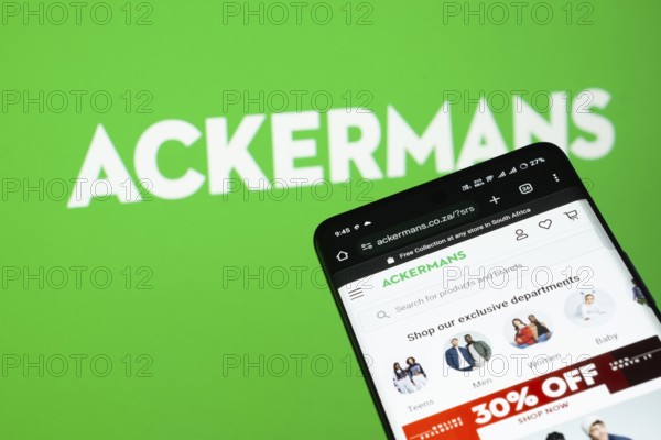 Dhaka, Bangladesh- 03 July 2025: Smartphone displaying Ackermans web interface against Ackermans