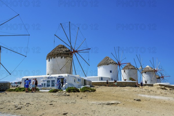 Mykonos, Cyclades, Greece - The six sixteenth-century windmills, lined up on a hill above Mykonos
