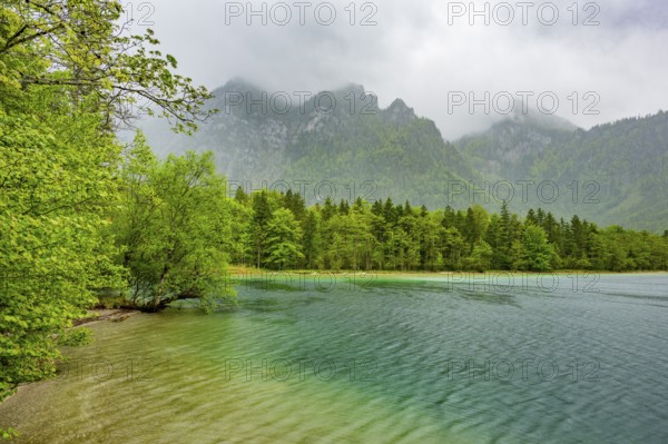 Landscape of Lake Offensee on a rainy day in spring, Salzkammergut, Austria