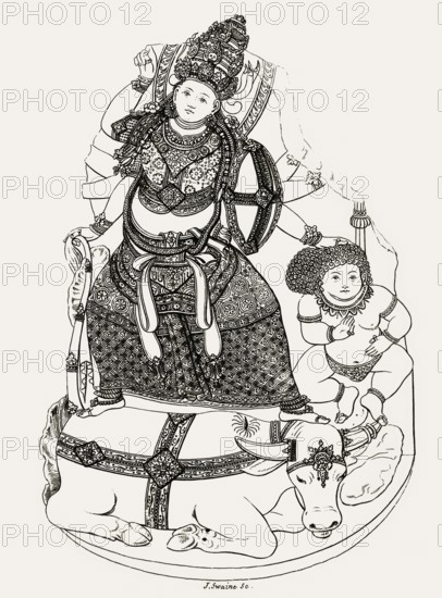 Hindu Warrior goddess Durga slaying Mahishasura the buffalo demon, important goddess in Hinduism,