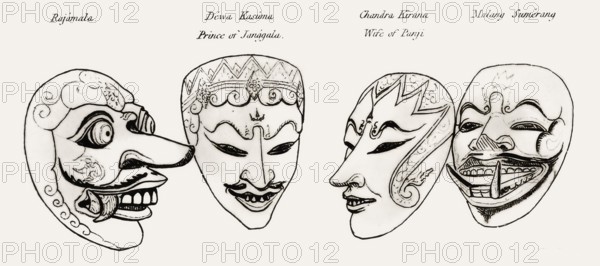 Javanese Topeng masks, 1817, from History of Java by Sir Thomas Stamford Bingley Raffles, 1781 –