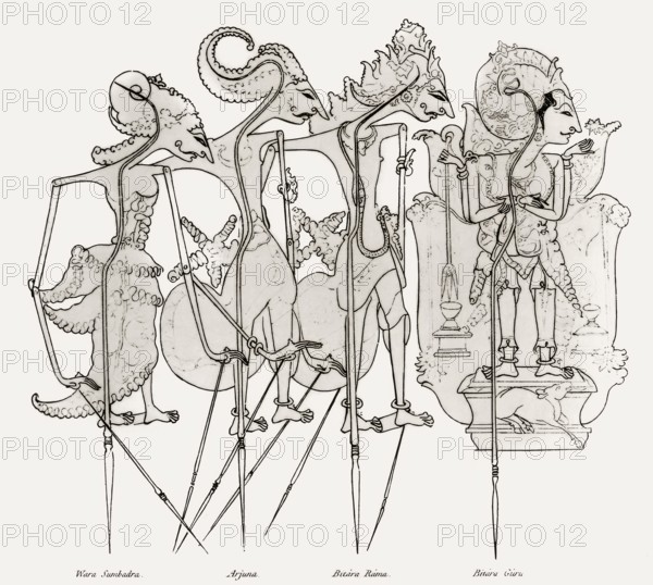 Wayang figures, traditional Javanese form of puppet theatre, 1817, from History of Java by Sir