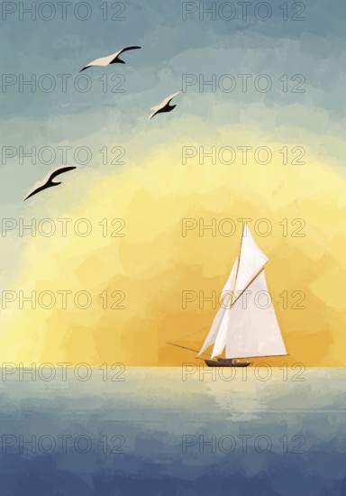 Saikling postcard, seascape background with sailing yacht on a calm sea on sunrise. Graphic arts