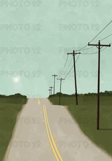 Postcard template with a country road, wooden poles. Copy space graphic template with canvas