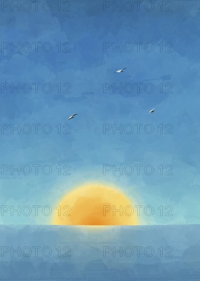 Dramatic scene of sun rising from the oceanand flying seaguls. Graphic arts postcard template,
