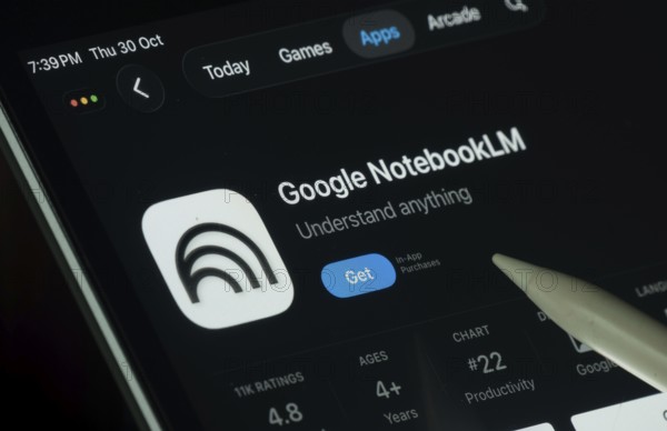 Dhaka, Bangladesh- 30 Oct 2025: Goole NotebookLM app displayed on a iPad screen in dark mode with a