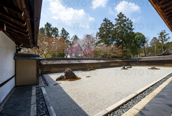 Kare-san-sui Japanese rock garden, Hojo Teien in Ryoan-ji, Zen Buddhist temple complex, in spring,
