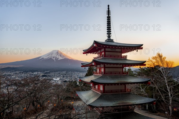 Five-story pagoda of a Shinto Shrine, Chureito Pagoda, with views of Fujiyoshida City and Mount