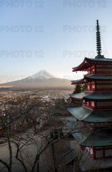 Five-story pagoda of a Shinto Shrine, Chureito Pagoda, with views of Fujiyoshida City and Mount