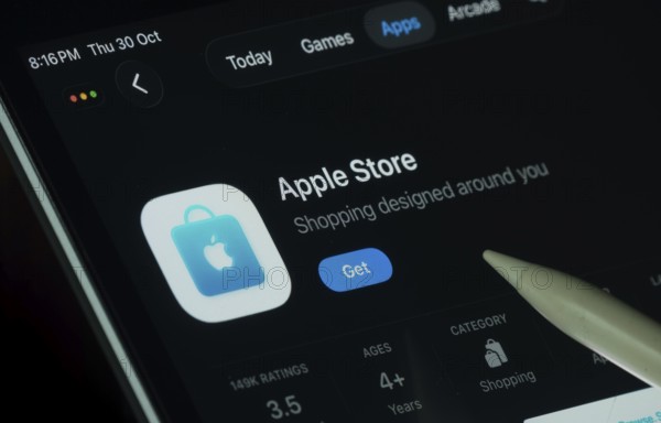Dhaka, Bangladesh- 30 Oct 2025: Apple Store app displayed on a iPad screen in dark mode with a