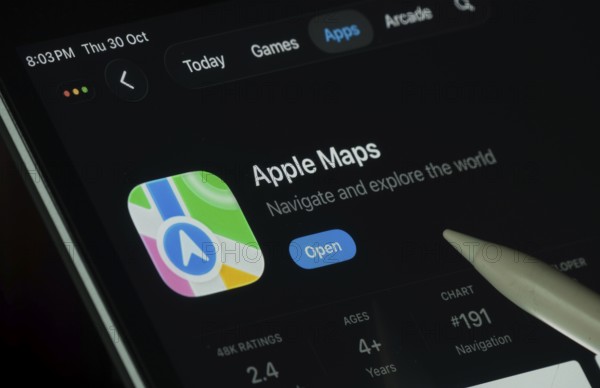 Dhaka, Bangladesh- 30 Oct 2025: Apple Maps app displayed on a iPad screen in dark mode with a