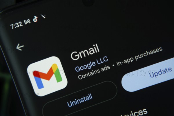 Dhaka, Bangladesh- 27 July 2025: Screen displaying Gmail app with update and uninstall options,