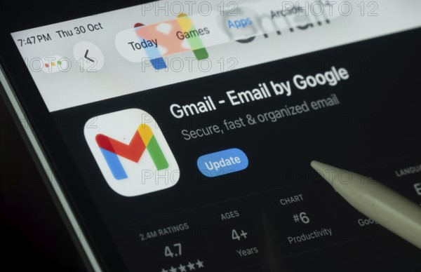 Dhaka, Bangladesh- 30 Oct 2025: Gmail app displayed on a iPad screen in dark mode with a digital