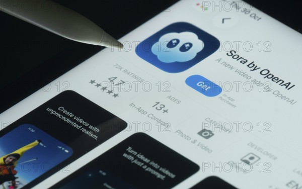 Dhaka, Bangladesh- 30 Oct 2025: Sora AI app on a iPad screen with a pen pointing at the install