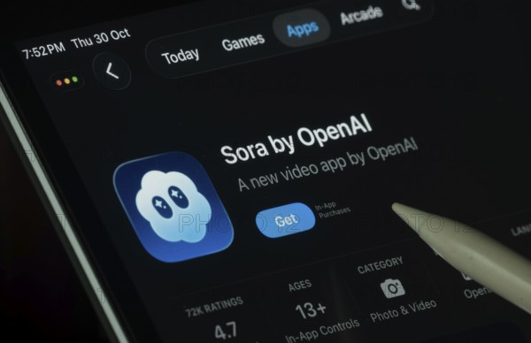 Dhaka, Bangladesh- 30 Oct 2025: Sora Ai app displayed on a iPad screen in dark mode with a digital