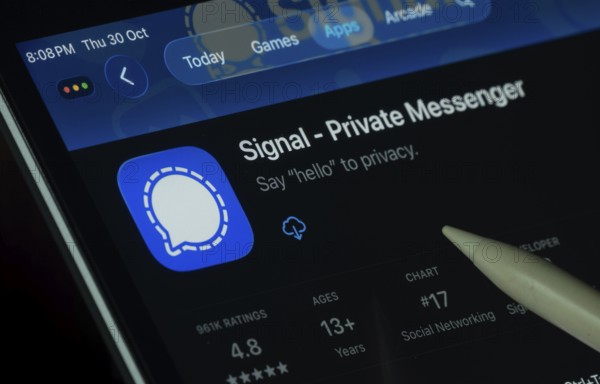 Dhaka, Bangladesh- 30 Oct 2025: Signal app displayed on a iPad screen in dark mode with a digital