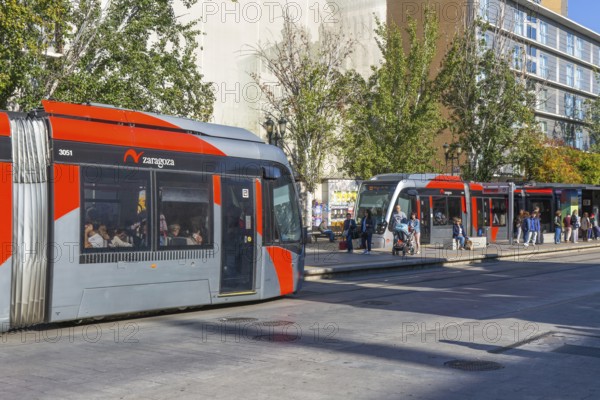 Light rail tram city public transport system CAF Urbos 3 trams, Tranvía de Zaragoza, Zaragoza,