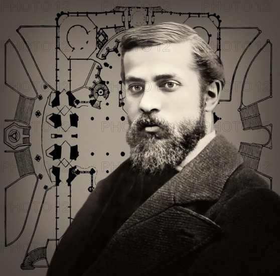 Portrait of Antoni Gaudí i Cornet, 1852 – 1926, Catalan architect and designer from Spain, the