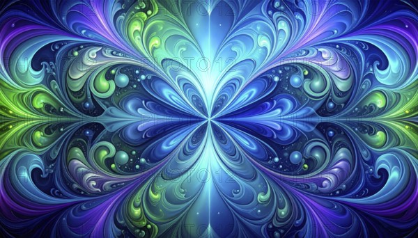 Symmetric Abstract Bright Liquid Ornament Background, futuristic wallpaper template illustration,