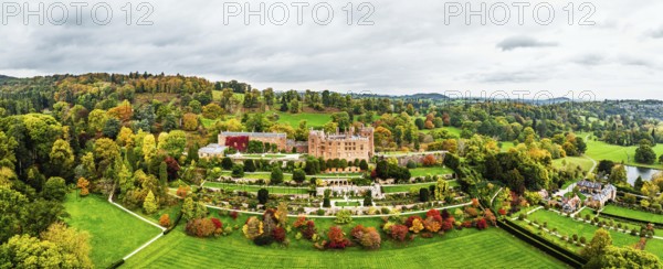 Autumn colours over Powis Castle and Garden from drone, Welshpool, Powys, Wales, England, United