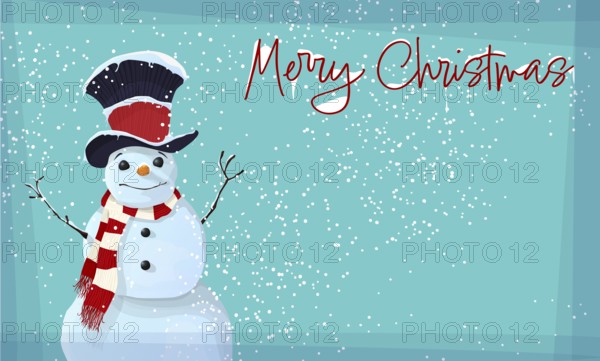 Winter Holidays editable vector text card with cute snow man wearing a fancy hat and scarf.
