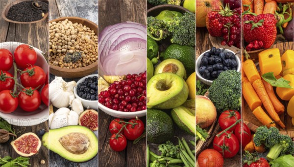 Food collage of various biological and organic fruits and vegetables, fresh healthy lifestyle, with