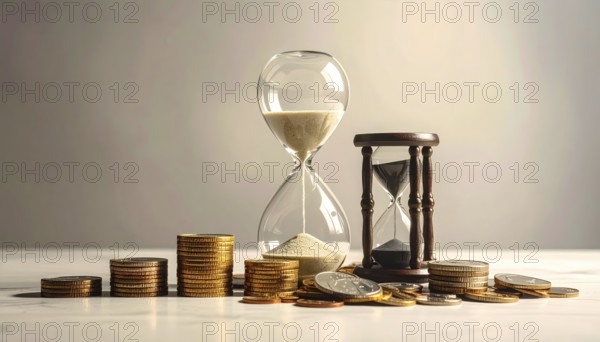 Hourglass and stacked golden coins, illustrating currency fluctuation and time impact commodities
