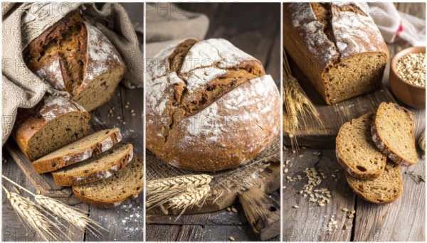 Collage of rustic loaf of whole grain bread, bread on dark rustic wooden table, great variety of