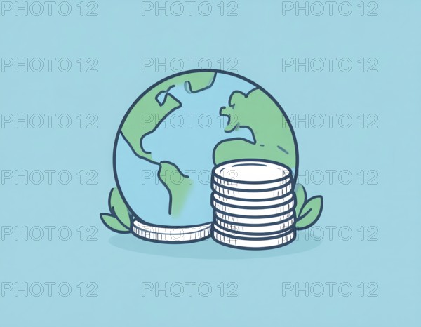 Green earth globe with silver coin stack symbolizing global finance economy and sustainable growth,