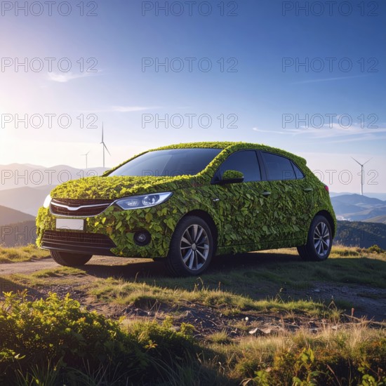 Car formed by green leaves and branches. Sustainable Car technology, ecology concept in harmony