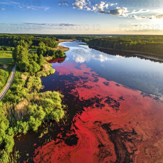 Red algae plant on the lake. abstract ecology nature concept, wild landscape with vibrant red