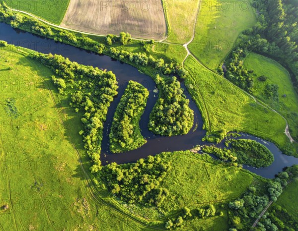 Ecology and environment concept. Green wilderness nature from above. Aerial view on meandering