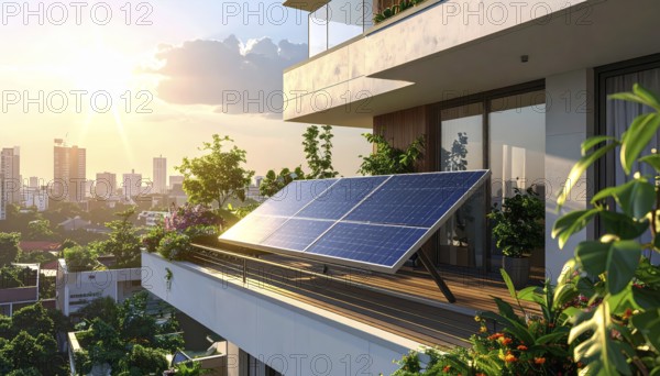 Sunlight Glinting Off Solar Panels on Contemporary Apartment Balcony, energy solution, concept of