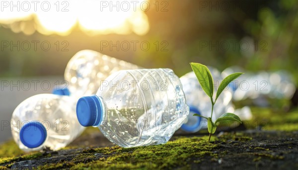 Crushed plastic water bottle waste in a wild landscape, symbol for nature protection, waste