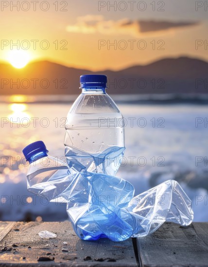 Crushed plastic water bottle waste in a wild landscape, symbol for nature protection, waste