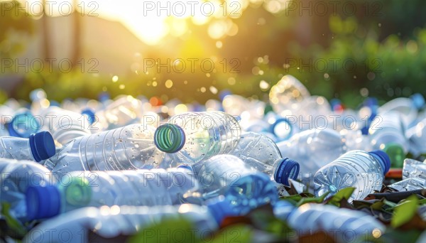 Crushed plastic water bottle waste in a wild landscape, symbol for nature protection, waste