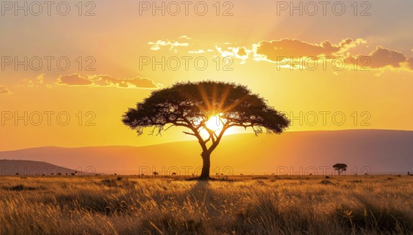 Single acacia tree in the savannah at sunset, solitude in the wild, dry grass in the foreground,