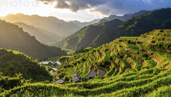 Early morning light bathes Philippines rice terraces cascading down mountain slopes, beautiful