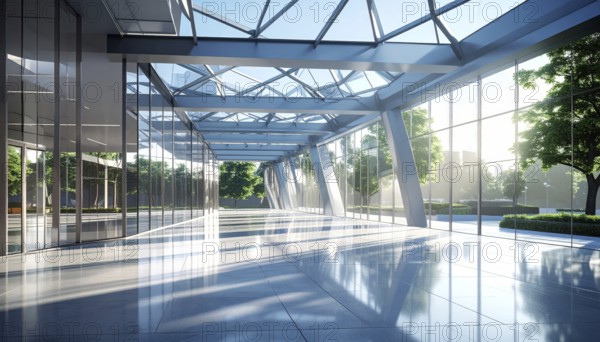 Modern architectural framework with glass and steel structure, glass facade with a greed of steel